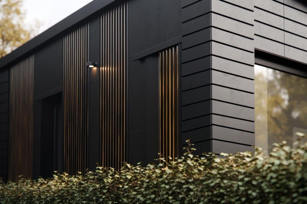 Dark James Hardie fiber cement siding with wood accent slats