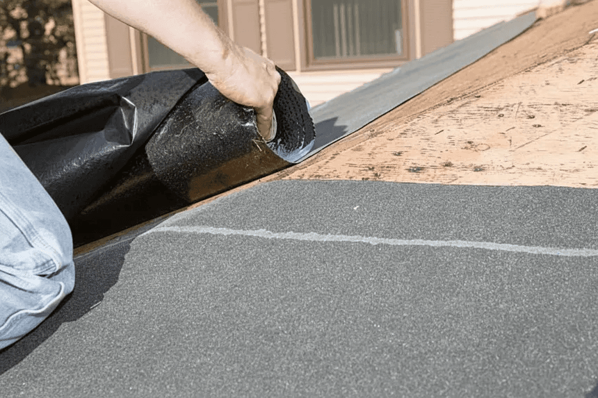 Peel-and-stick underlayment being rolled onto a plywood roof deck